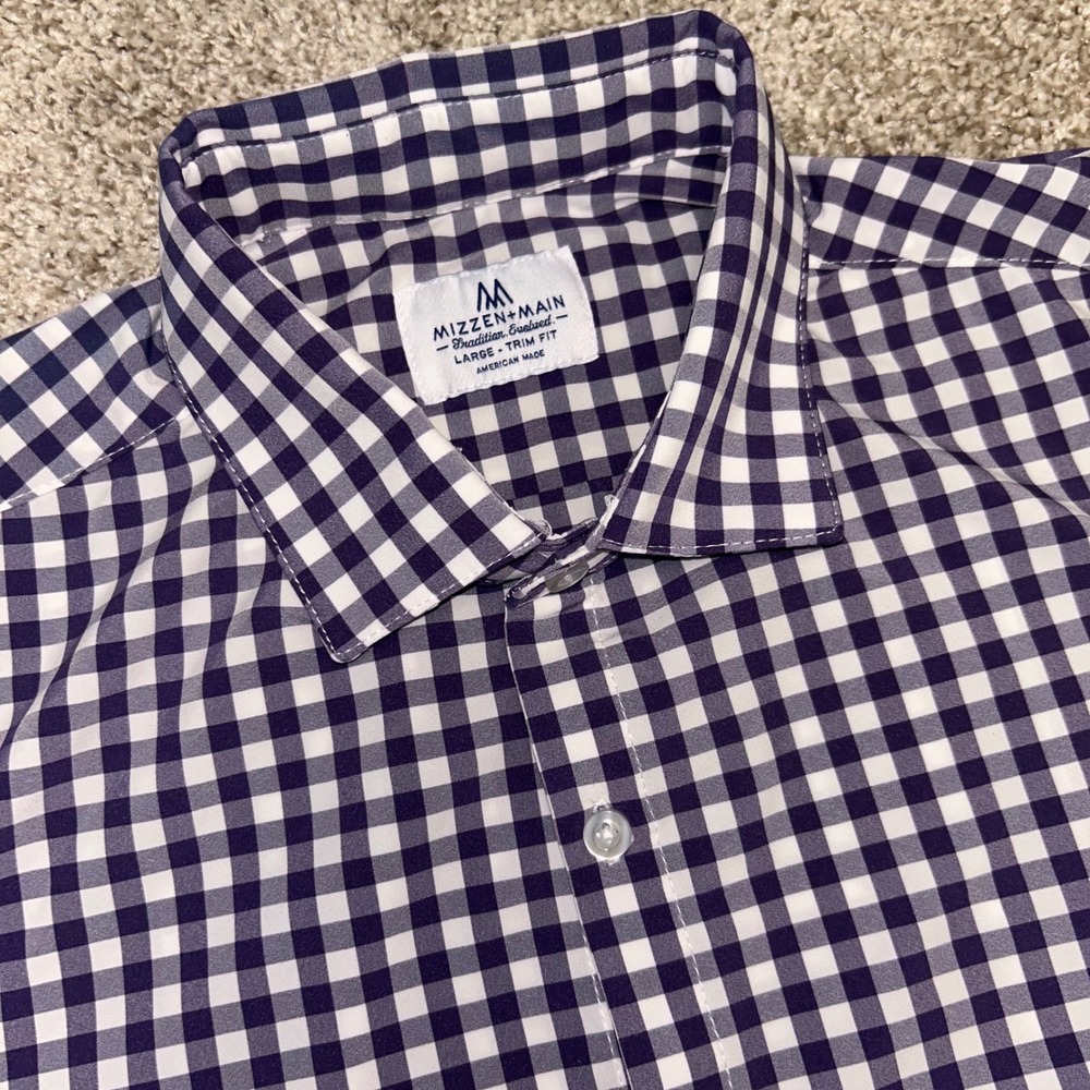 Mizzen + Main Plaid Shirt Button Front Men Large Trim Fit Purple USA Made Preppy